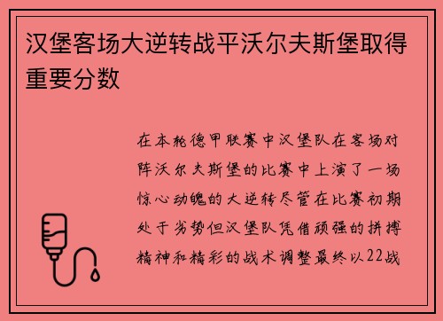 汉堡客场大逆转战平沃尔夫斯堡取得重要分数
